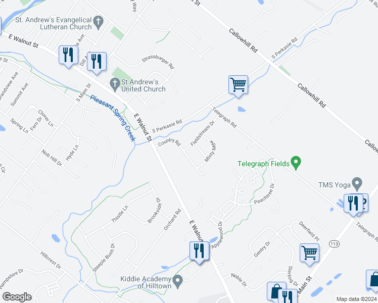 map of restaurants, bars, coffee shops, grocery stores, and more near 31 Country Road in Perkasie