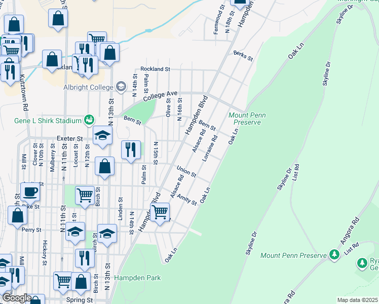 map of restaurants, bars, coffee shops, grocery stores, and more near 1614 Alsace Road in Reading