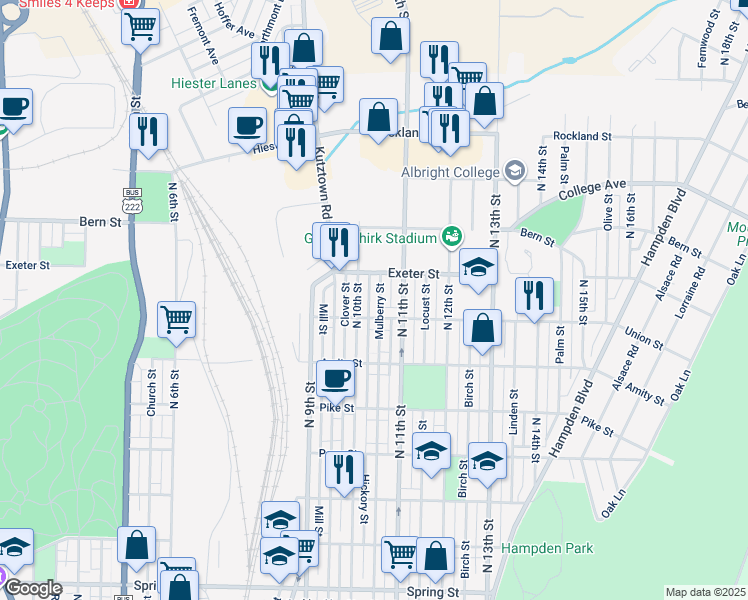 map of restaurants, bars, coffee shops, grocery stores, and more near 1622 Mulberry Street in Reading