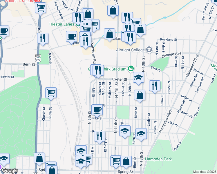 map of restaurants, bars, coffee shops, grocery stores, and more near 1622 Mulberry Street in Reading