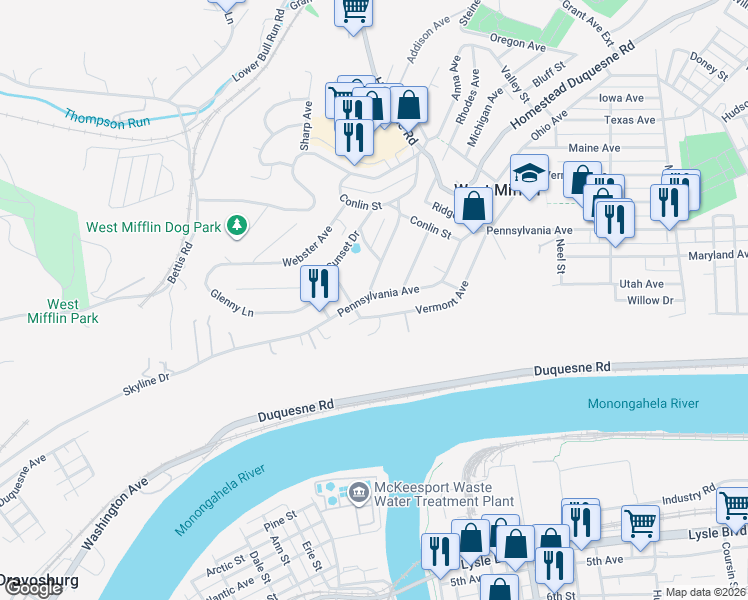 map of restaurants, bars, coffee shops, grocery stores, and more near 2407 Pennsylvania Avenue in West Mifflin