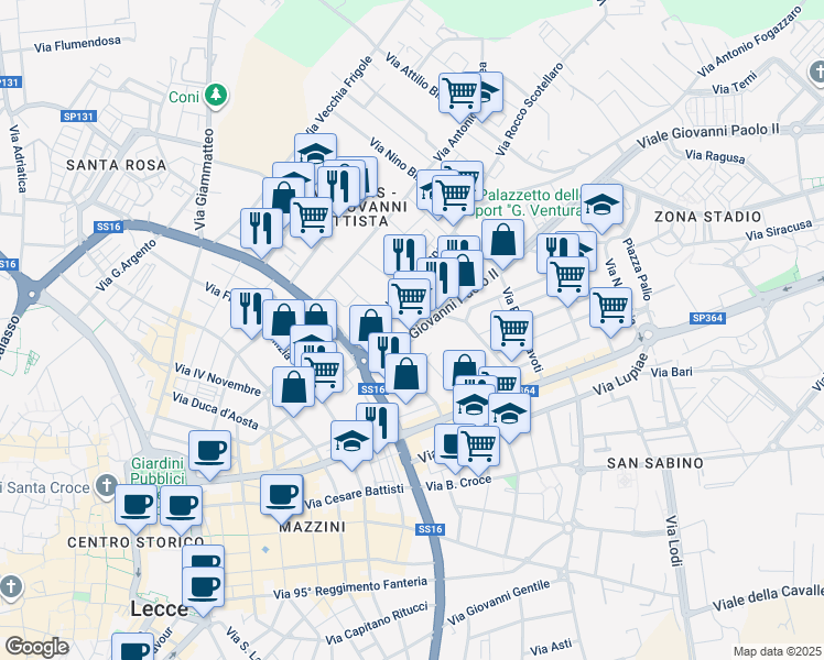 map of restaurants, bars, coffee shops, grocery stores, and more near 9 Viale Giovanni Paolo II in Lecce