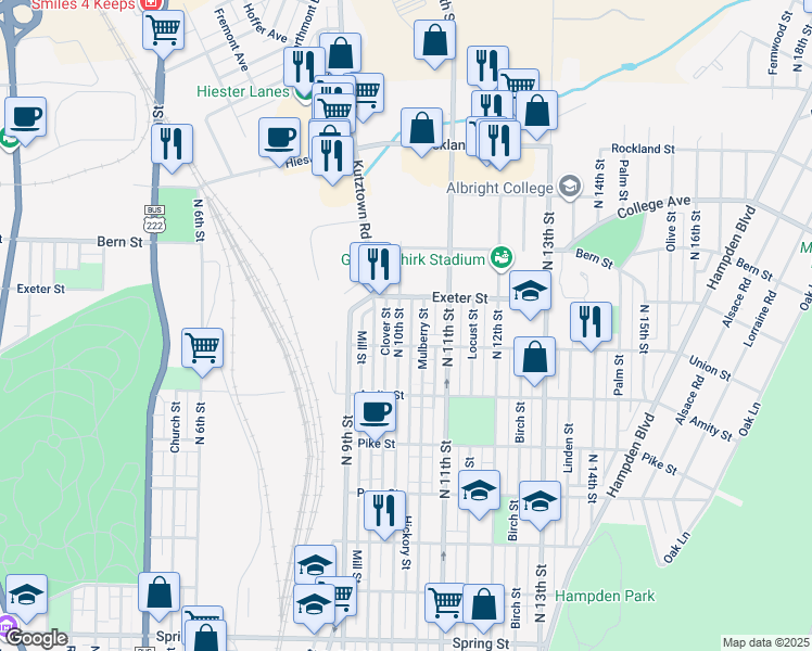 map of restaurants, bars, coffee shops, grocery stores, and more near 1627 North 10th Street in Reading