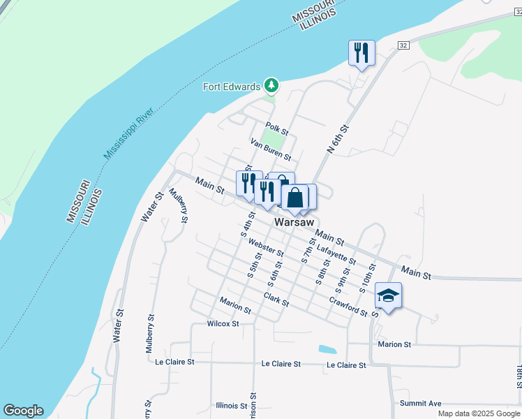 map of restaurants, bars, coffee shops, grocery stores, and more near 301 Clay Street in Warsaw