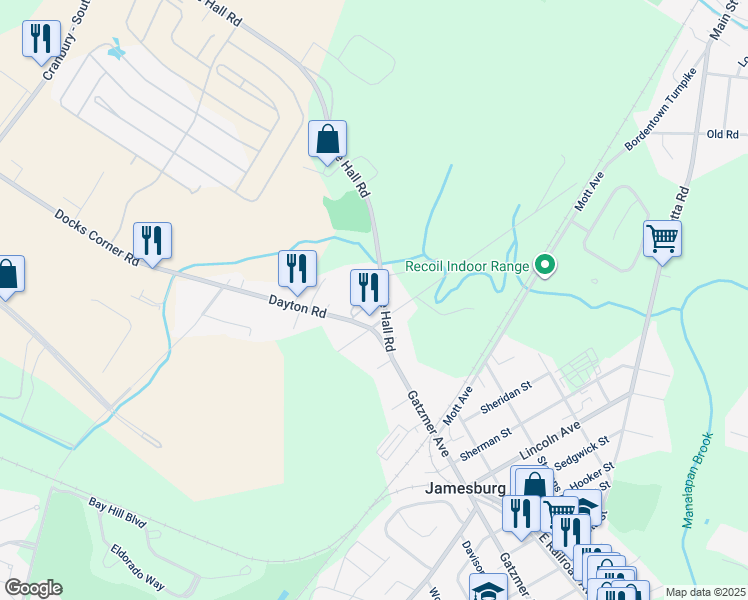 map of restaurants, bars, coffee shops, grocery stores, and more near 131 Rhode Hall Road in Monroe Township