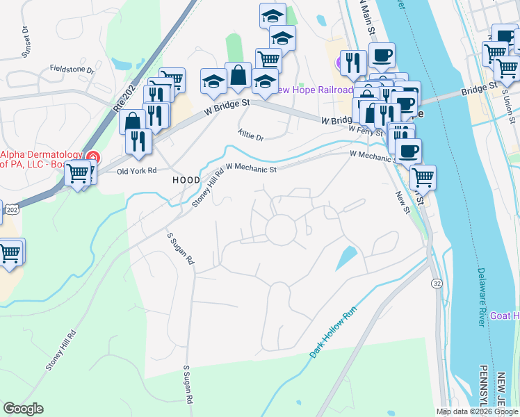 map of restaurants, bars, coffee shops, grocery stores, and more near 42 Riverhill in New Hope