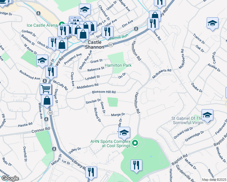 map of restaurants, bars, coffee shops, grocery stores, and more near 3588 Middleboro Road in Pittsburgh