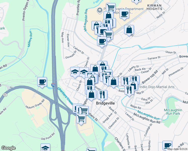 map of restaurants, bars, coffee shops, grocery stores, and more near 347 Murray Avenue in Bridgeville