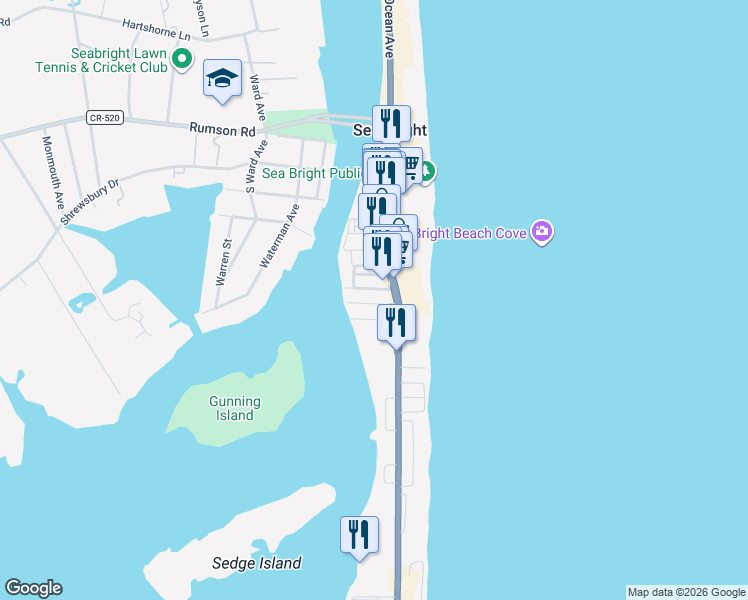 map of restaurants, bars, coffee shops, grocery stores, and more near 24 Surf Street in Sea Bright