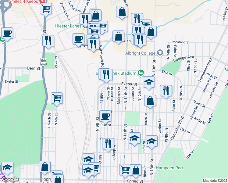 map of restaurants, bars, coffee shops, grocery stores, and more near 1666 Mulberry Street in Reading