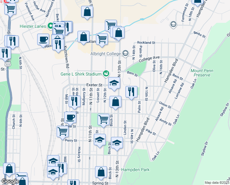map of restaurants, bars, coffee shops, grocery stores, and more near 1600 North 13th Street in Reading