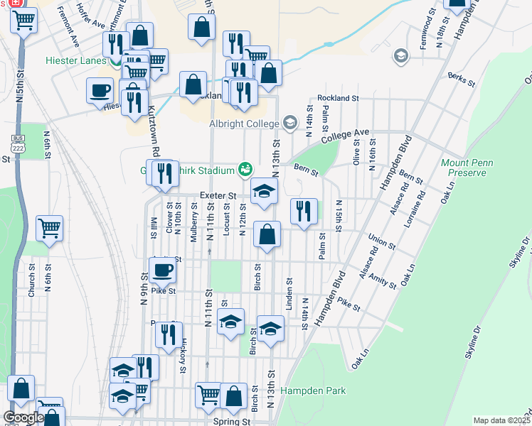 map of restaurants, bars, coffee shops, grocery stores, and more near 1600 North 13th Street in Reading