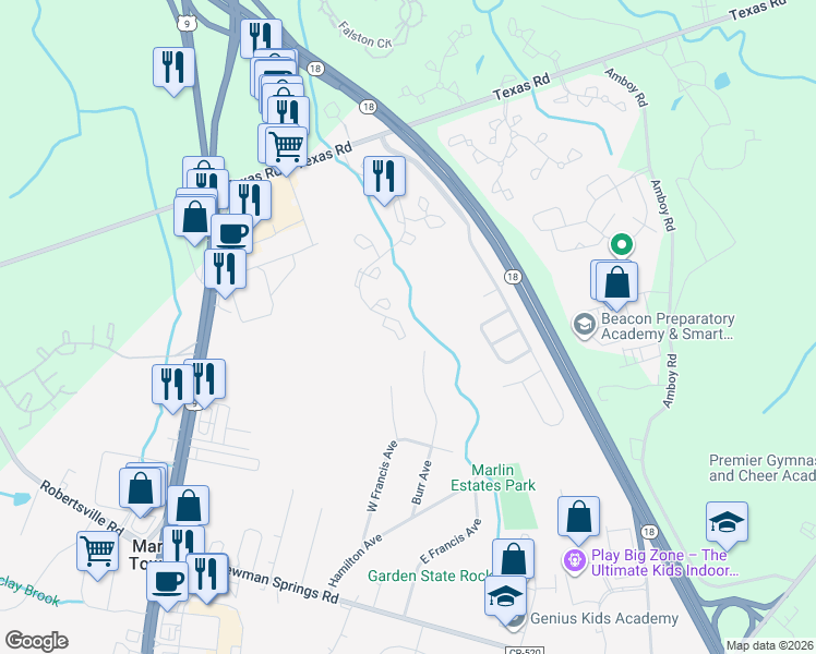 map of restaurants, bars, coffee shops, grocery stores, and more near 1057 Roseberry Court in Marlboro