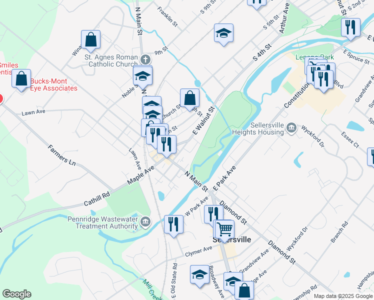 map of restaurants, bars, coffee shops, grocery stores, and more near 69 East Temple Avenue in Sellersville