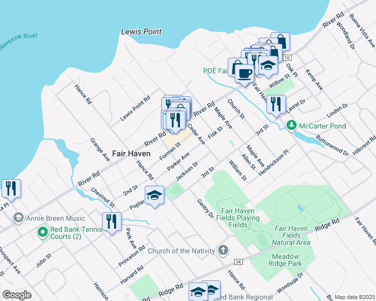 map of restaurants, bars, coffee shops, grocery stores, and more near 85 Parker Avenue in Fair Haven