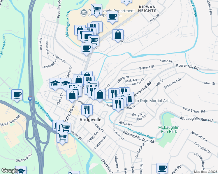 map of restaurants, bars, coffee shops, grocery stores, and more near 100 Union Street in Bridgeville