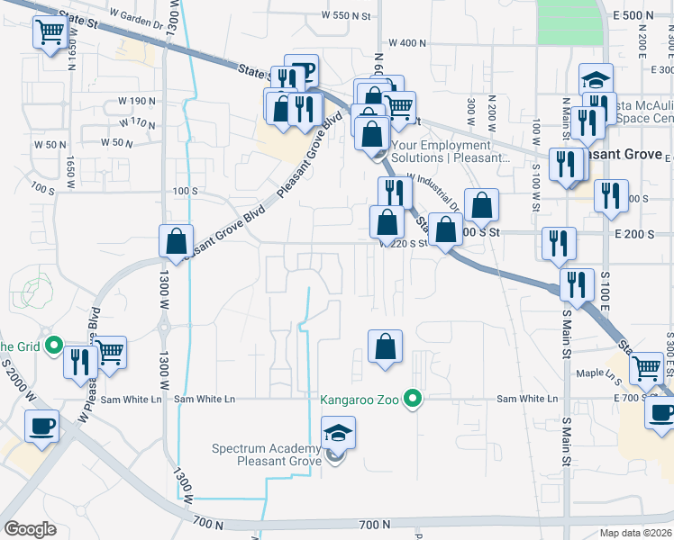 map of restaurants, bars, coffee shops, grocery stores, and more near 308 South 740 West in Pleasant Grove
