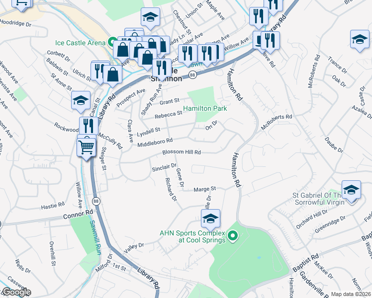 map of restaurants, bars, coffee shops, grocery stores, and more near 3679 Middleboro Road in Pittsburgh