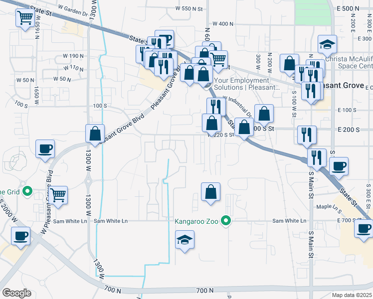 map of restaurants, bars, coffee shops, grocery stores, and more near 263 South 740 West in Pleasant Grove