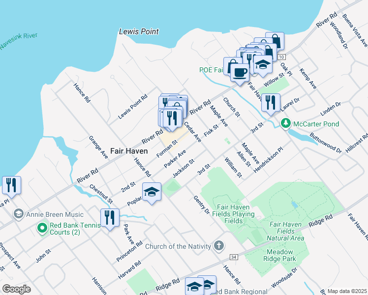 map of restaurants, bars, coffee shops, grocery stores, and more near 85 Parker Avenue in Fair Haven