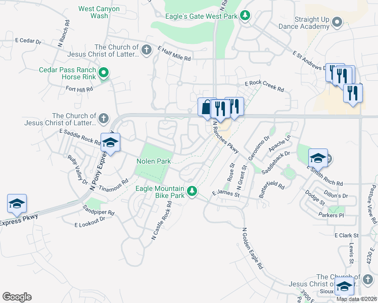 map of restaurants, bars, coffee shops, grocery stores, and more near 3441 Peregrine Road in Eagle Mountain