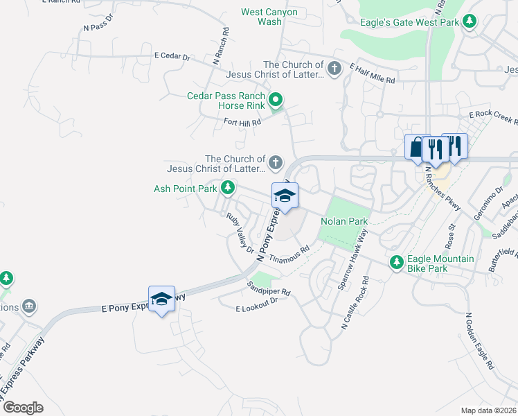 map of restaurants, bars, coffee shops, grocery stores, and more near 2958 East Saddle Rock Road in Eagle Mountain
