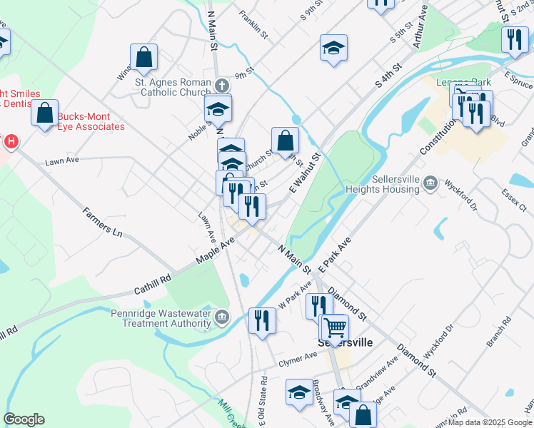map of restaurants, bars, coffee shops, grocery stores, and more near 69 East Temple Avenue in Sellersville