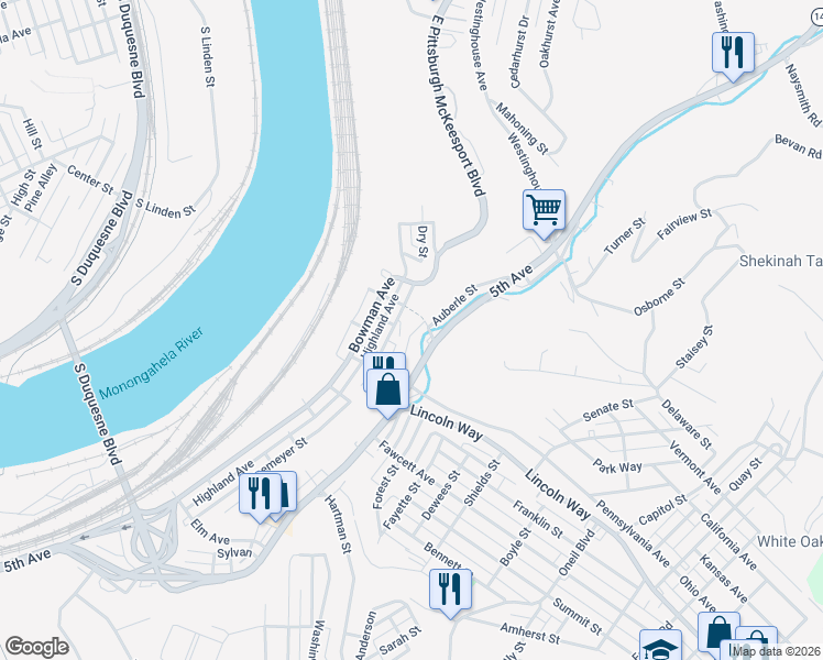 map of restaurants, bars, coffee shops, grocery stores, and more near 507 Lime Street in McKeesport
