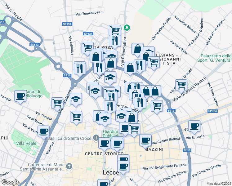 map of restaurants, bars, coffee shops, grocery stores, and more near 2-6 Via Alessandro Manzoni in Lecce