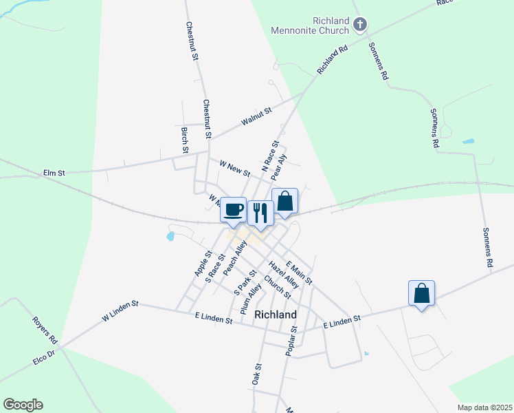 map of restaurants, bars, coffee shops, grocery stores, and more near 19 North Race Street in Myerstown