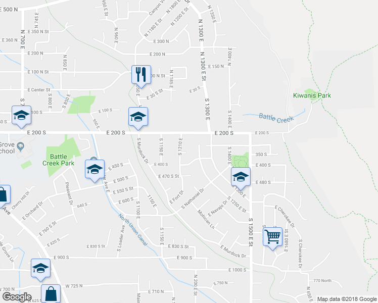 map of restaurants, bars, coffee shops, grocery stores, and more near 1224 East 300 South in Pleasant Grove
