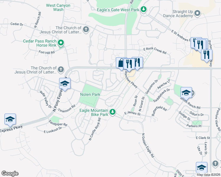 map of restaurants, bars, coffee shops, grocery stores, and more near 3393 Peregrine Road in Eagle Mountain