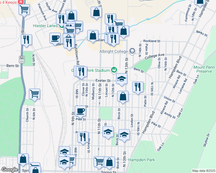 map of restaurants, bars, coffee shops, grocery stores, and more near 1627 Locust Street in Reading