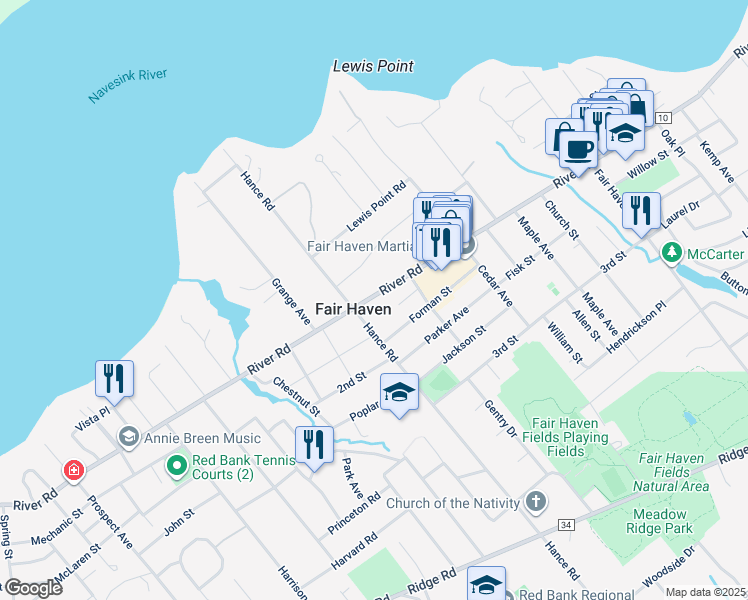 map of restaurants, bars, coffee shops, grocery stores, and more near 529 River Road in Fair Haven