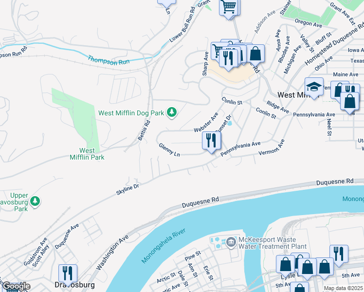 map of restaurants, bars, coffee shops, grocery stores, and more near 2641 Sunset Drive in West Mifflin
