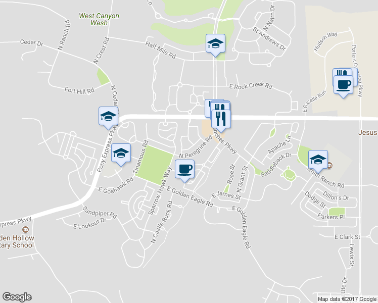 map of restaurants, bars, coffee shops, grocery stores, and more near 3393 Peregrine Road in Eagle Mountain