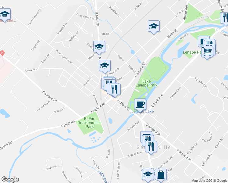 map of restaurants, bars, coffee shops, grocery stores, and more near 19 East Temple Avenue in Sellersville