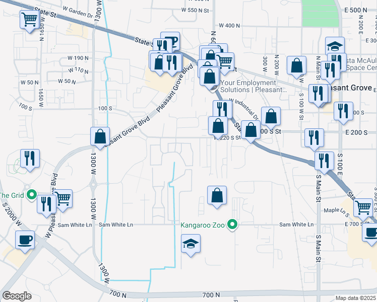map of restaurants, bars, coffee shops, grocery stores, and more near 308 South 740 West in Pleasant Grove