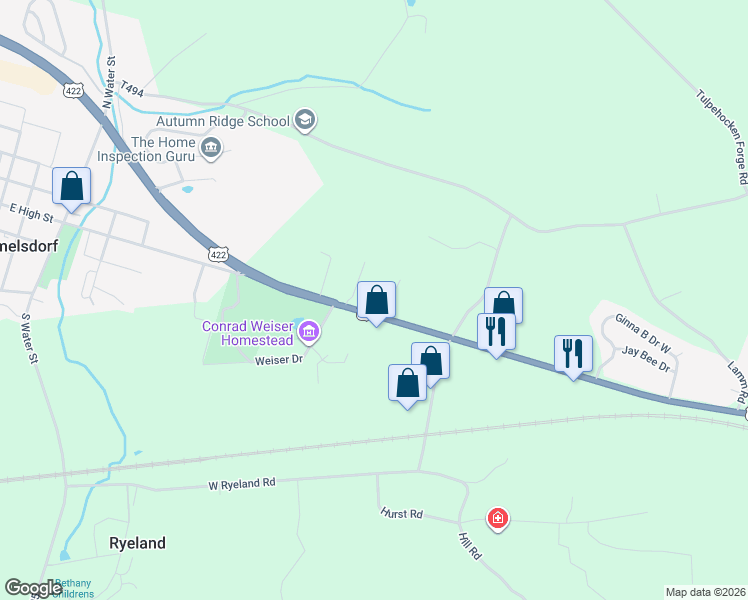 map of restaurants, bars, coffee shops, grocery stores, and more near 31 Deppen Drive in Womelsdorf