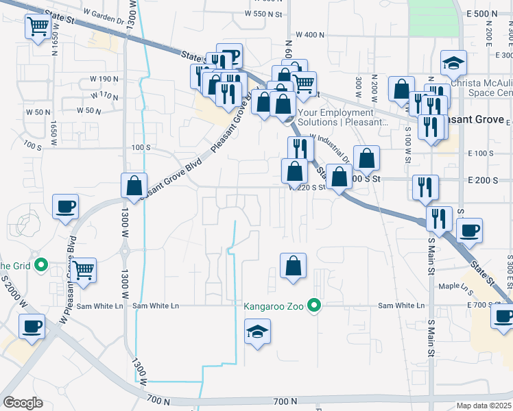 map of restaurants, bars, coffee shops, grocery stores, and more near 263 South 740 West in Pleasant Grove