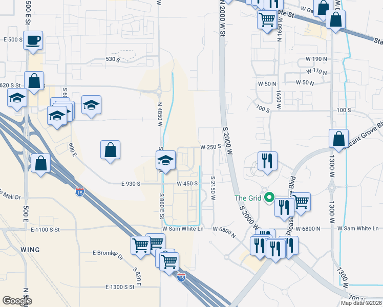 map of restaurants, bars, coffee shops, grocery stores, and more near 2275 West 250 South in Pleasant Grove