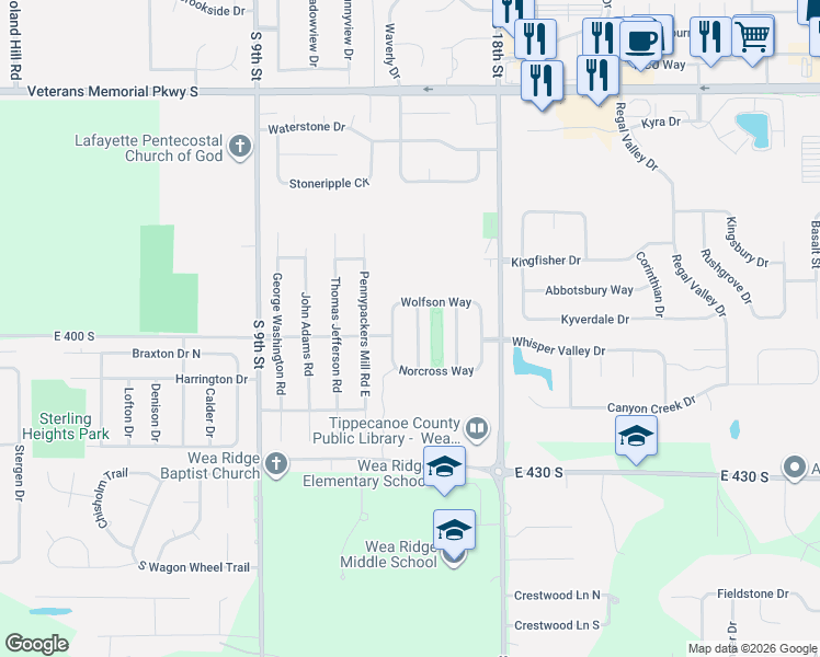 map of restaurants, bars, coffee shops, grocery stores, and more near 4005 Ivanhoe Street in Lafayette
