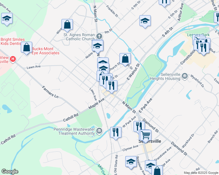 map of restaurants, bars, coffee shops, grocery stores, and more near 20 Green Street in Sellersville