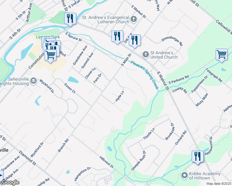 map of restaurants, bars, coffee shops, grocery stores, and more near 505 Union Street in Perkasie