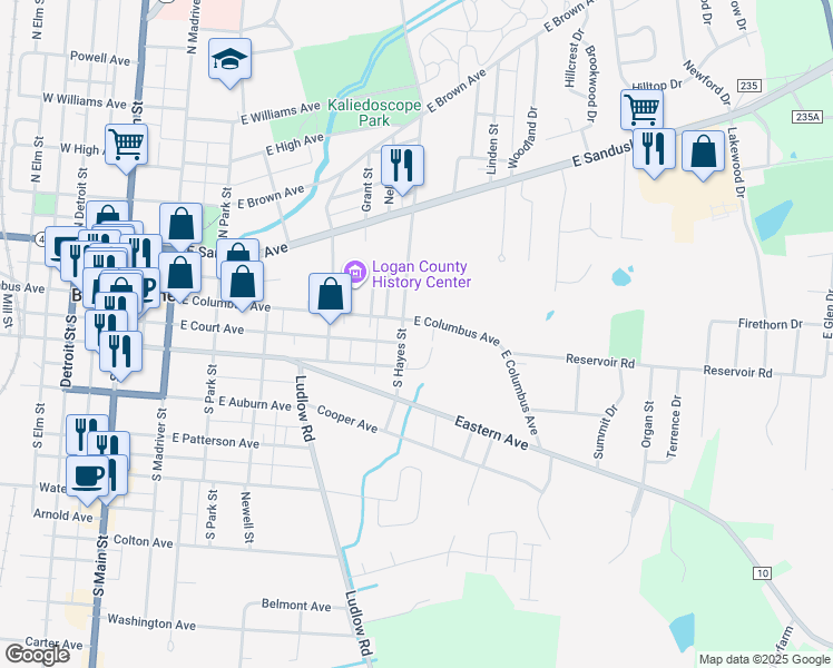 map of restaurants, bars, coffee shops, grocery stores, and more near 601-619 East Columbus Avenue in Bellefontaine