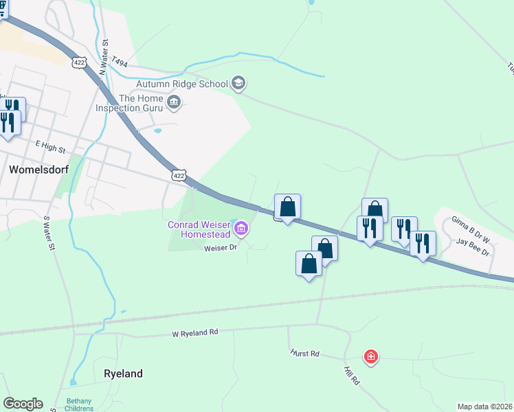 map of restaurants, bars, coffee shops, grocery stores, and more near 1293 Penn Avenue in Womelsdorf
