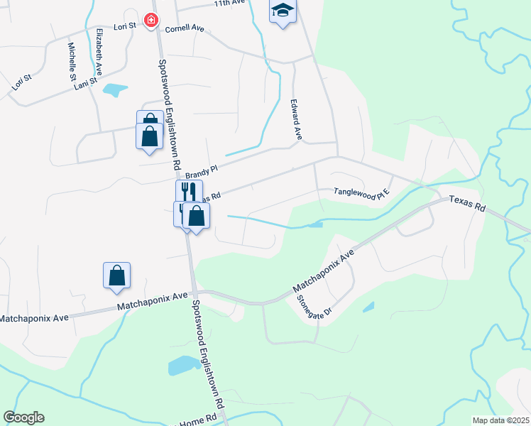 map of restaurants, bars, coffee shops, grocery stores, and more near 12 Tanglewood Place in Monroe Township