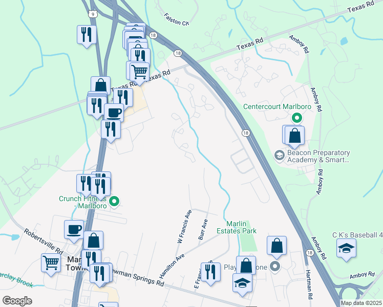 map of restaurants, bars, coffee shops, grocery stores, and more near 1079 Roseberry Court in Marlboro Township