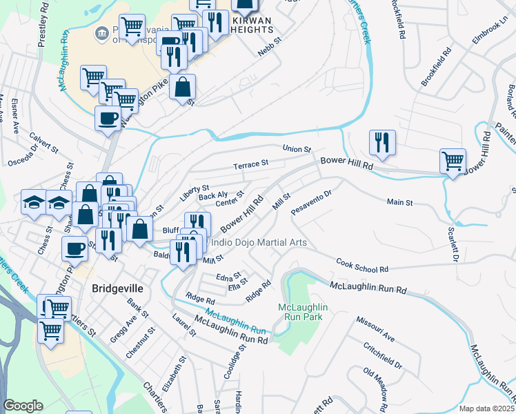 map of restaurants, bars, coffee shops, grocery stores, and more near 806 Bower Hill Road in Bridgeville