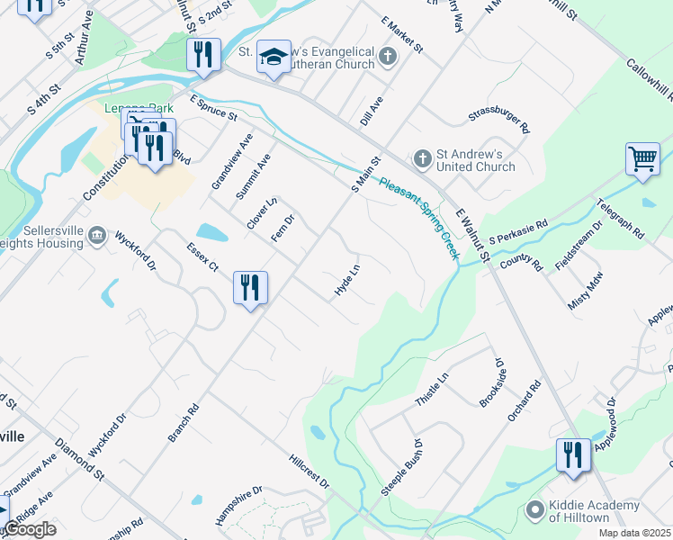 map of restaurants, bars, coffee shops, grocery stores, and more near 505 Union Street in Perkasie